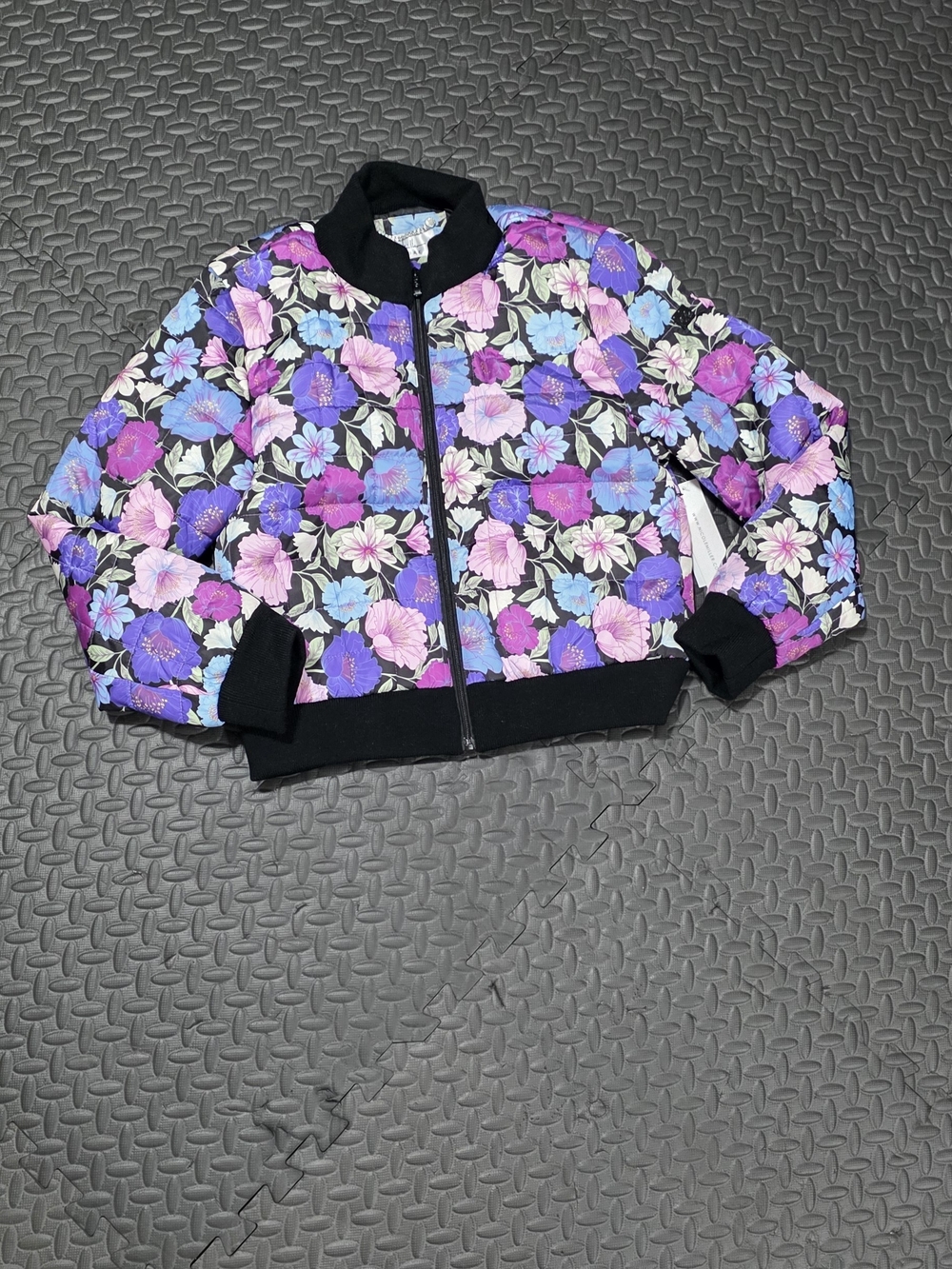 Nicole Miller Black Floral Bomber Jacket with Purple, Pink & Blue Flowers